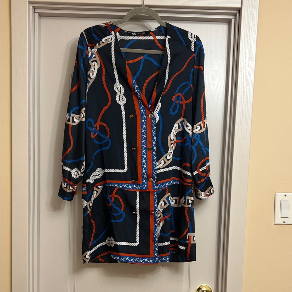 Zara Navy and Red Long Sleeve Dress